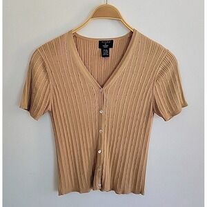 Studio G Cardigan Small Silk Blend Cable Knit Button Up Short Sleeve V Neck